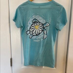 Light Blue V Neck short sleeve T with Savannah Ga and turtle image frt/bk size M